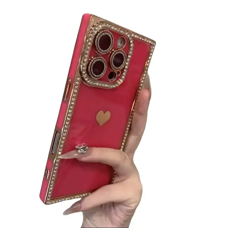 iP17ProMax/Air Phone Case 16/15/14/13 Electroplated Light Luxury Edge Diamond HD Lens Film Anti-Scratch Shockproof Anti-Drop Anti-Fingerprint Smartphone Heart Protection Cover
