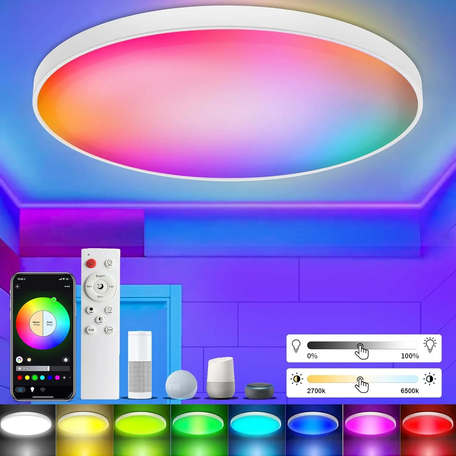Smart LED RGB Ceiling Light with Remote Control, 30W Flush Home Ceiling Lighting, Alexa&Google Home Compatible, Dimmable Colorful Light for Living Room, Bedroom,Party lights,gummy bear lamp,Soccer game party mood lights,America's 250th anniversary