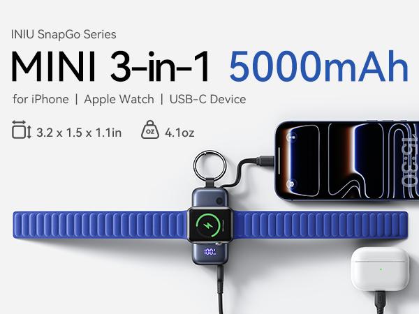 INIU P81 SnapGo Mini Power Bank for Apple Watch and iPhone, 5000mAh Fast Charge Wireless Portable Charger with Bulit-in Cables & KeyChain Flight-Safe EDC Travel Battery Pack for iWatch Ultra 11 10 9 8 SE, iPhone Air 17 16 15 Airpods Series Best Gifts 2026