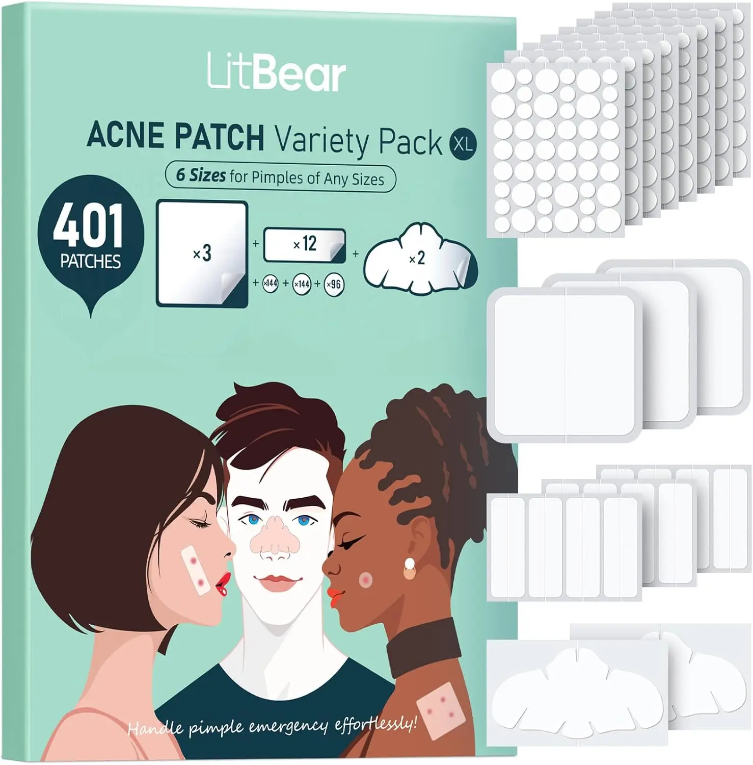 LitBear Large Pimple Patches for Face (6 Sizes 401 Patches), Big Hydrocolloid Acne Patches, XL Hydrocolloid Bandages for Body, Cheek, Forehead, Chin, Full Face, Back, Nose, Acne patch & Pimple patch,  #DealsForYouDays