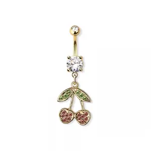 CZ Crystal Pink Cherries Dangling Belly Button Ring - 316L Stainless Steel