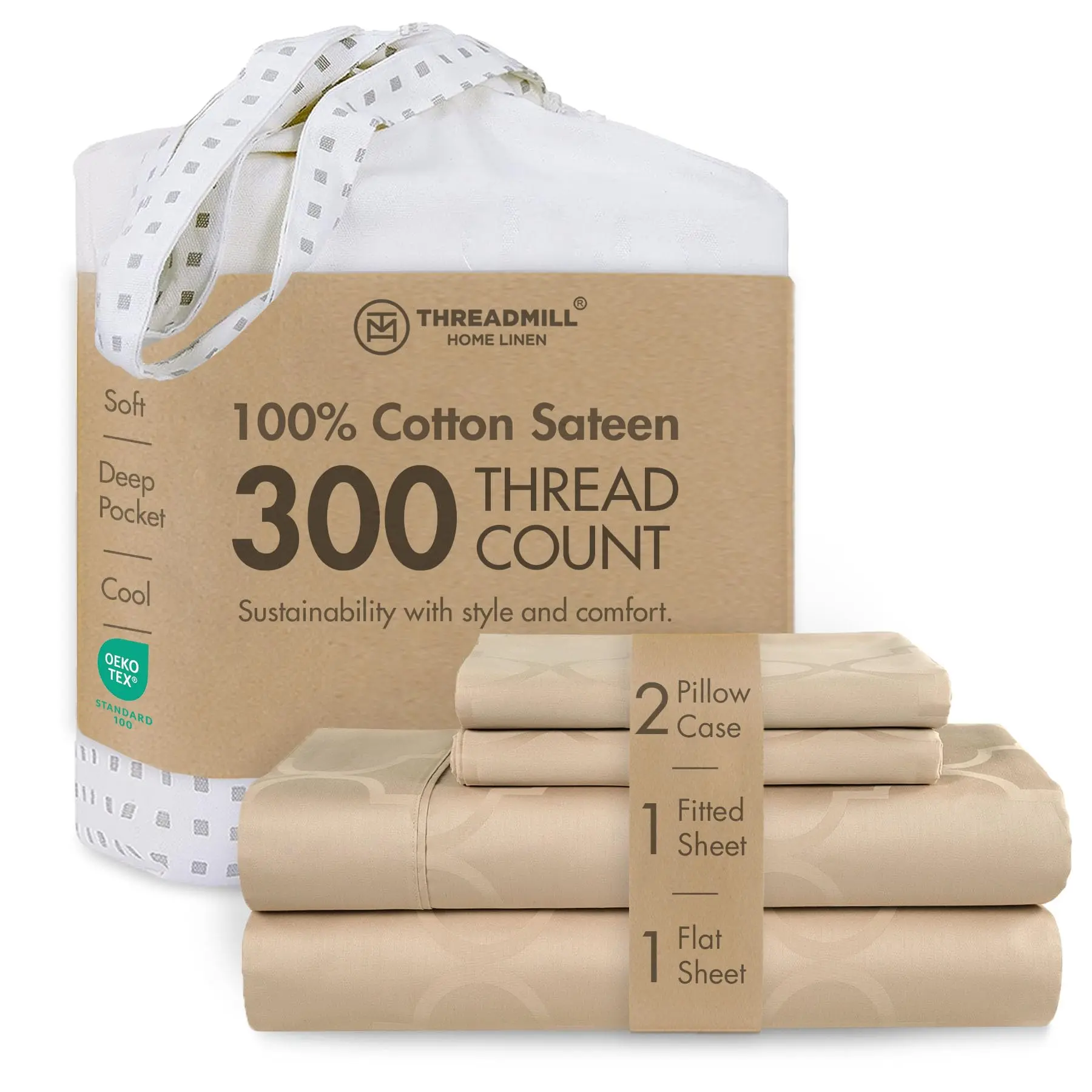 Threadmill Home Linen 300TC 100% Cotton Geometric Sheet Set - 1 Fitted Sheet, Comfy Bed Sets, Luxury Breathable Soft Bedding, Cooling Durable, Fade Resistant, Everyday Bedroom Decor