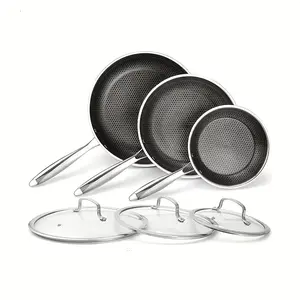 304 Stainless Steel 6pcs Frying Pan Set, 7.87/9.4/11 Inch Non-stick Pan with Lid, Honeycomb Design, Home Cooking Pan, Induction Cooker, Electric Ceramic Stove And Kitchenware