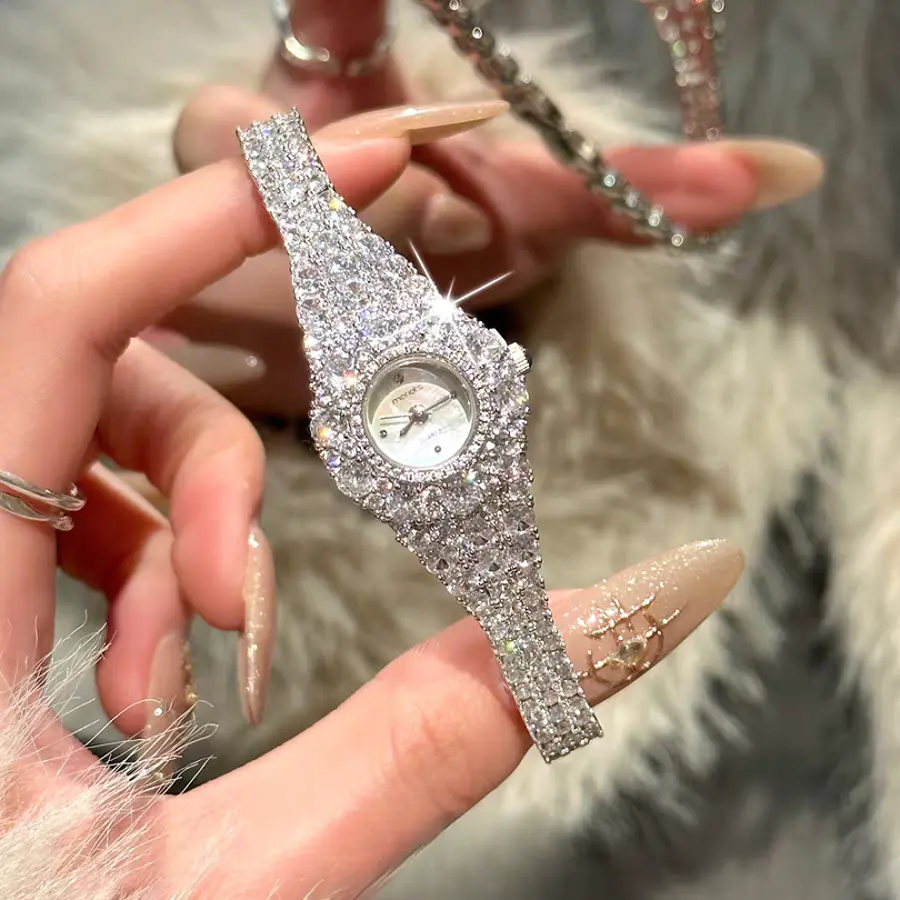 Women's Glamorous Stainless Steel Fashion Watch Set - Lobster Claw, Zinc Alloy, Full Pave Mini CZ Dial, Japanese Quartz, Adjustable Chain Bracelet, Tarnish-Resistant, Perfect Gift for Holidays & Daily Wear