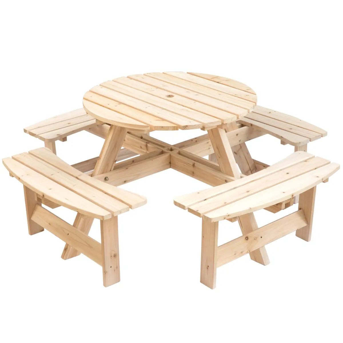 Gardenised QI003903.N Durable Solid Wood Outdoor Patio Round Table with Bench - 8-Person Capacity, Natural Finish, Umbrella Slot, 35"x27.5", 69 lbs, Garden Wedding Reception Large Outdoor Table, Sunlight Shade