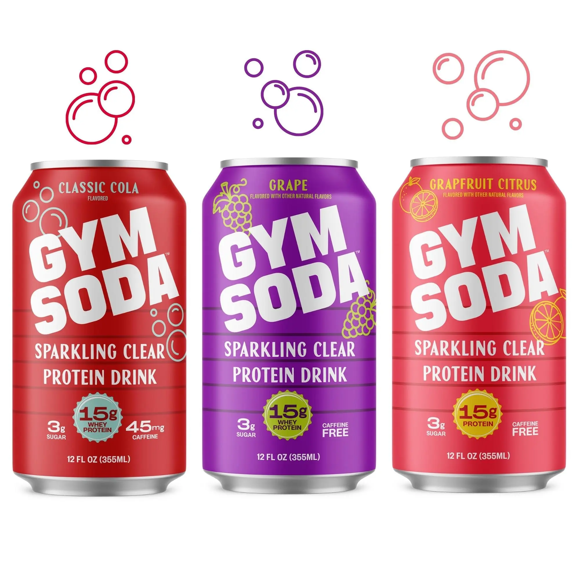 GYM SODA | Sparkling Clear Protein Drink, 15g Whey Protein, Lion's Mane & L-Theanine, Low Sugar, Single & Variety Flavors, 12 oz 12 Pack