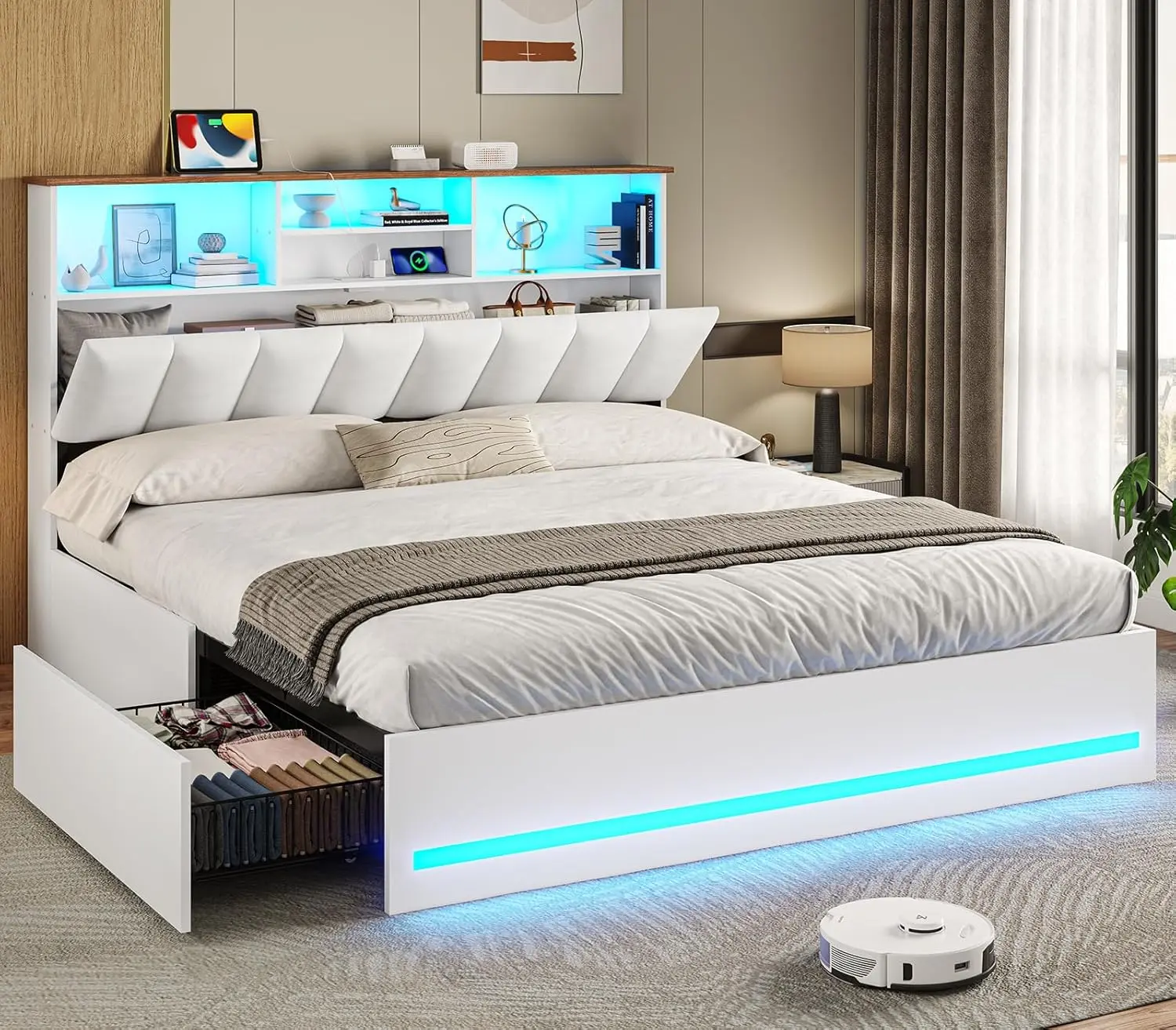 VIAGDO Queen Size Bed Frame - Modern Wooden LED-Illuminated Bookcase Headboard, Type-C & USB Charging Station, 4 Storage Drawers, No Box Spring Needed, Black Platform Bed Frame with Compartments for Apartment Furniture,dorm essentials,home decor
