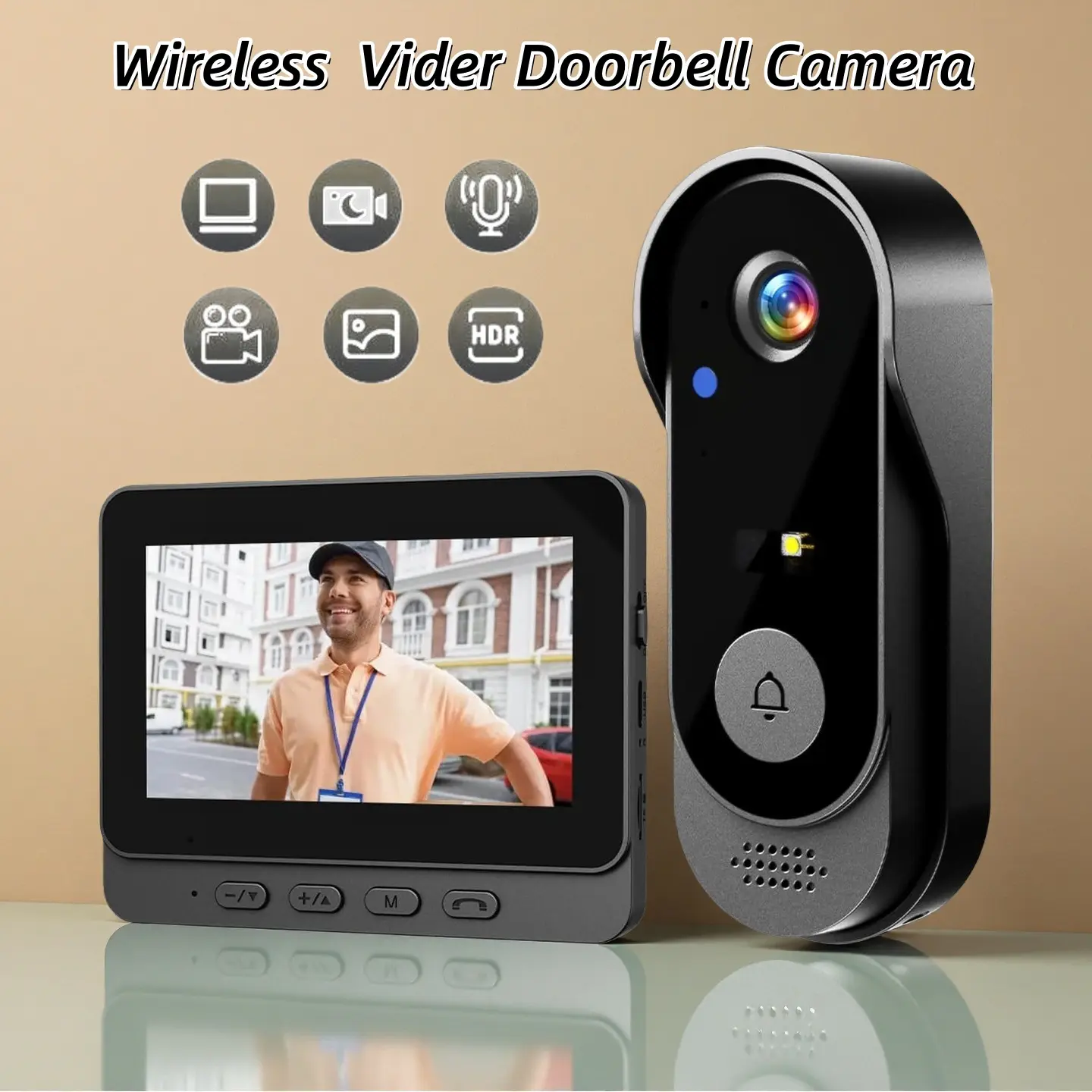 Wireless Waterproof Doorbell Camera Home Security System with 4.3'' Monitor, 300000-Pixel HD Night Vision Camera, 2-Way Audio Video Intercom, MicroSD Slot, No WiFi Subscription or APP Required