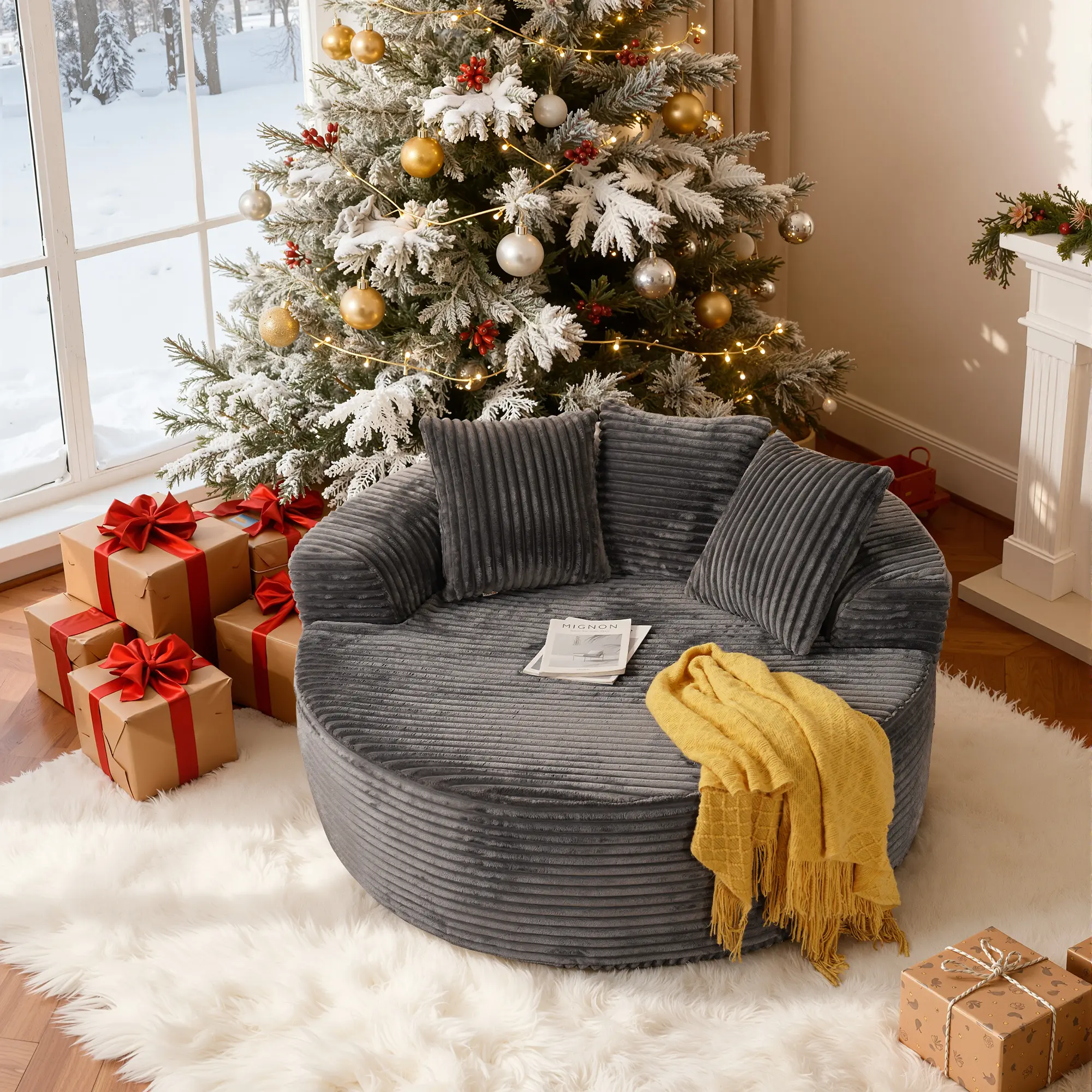 OOSWIFT 59" W Corduroy Single Foam Sofa, Oversized Round Chair with Pillows, Modern Sleeper for Living Rooms, Lounges, Nurseries and Projection Rooms, Wide-Arm Lounge Chair Armchair