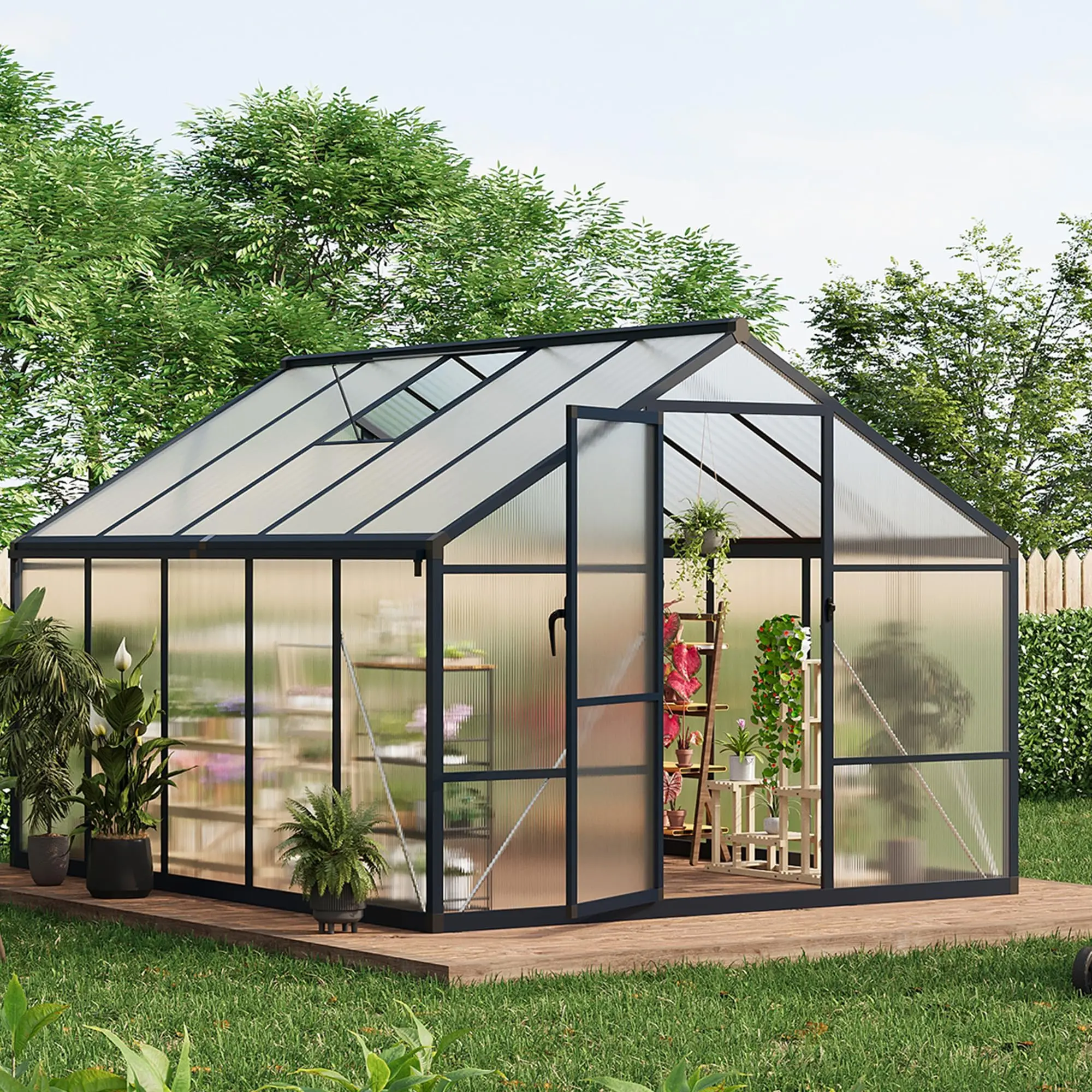 8x10ft Greenhouse Aluminum for Outdoors with Roof Vent – Lockable Outward-Opening Swing Door, Heavy-Duty Polycarbonate Walk-in for Garden & Backyard – Dark Grey