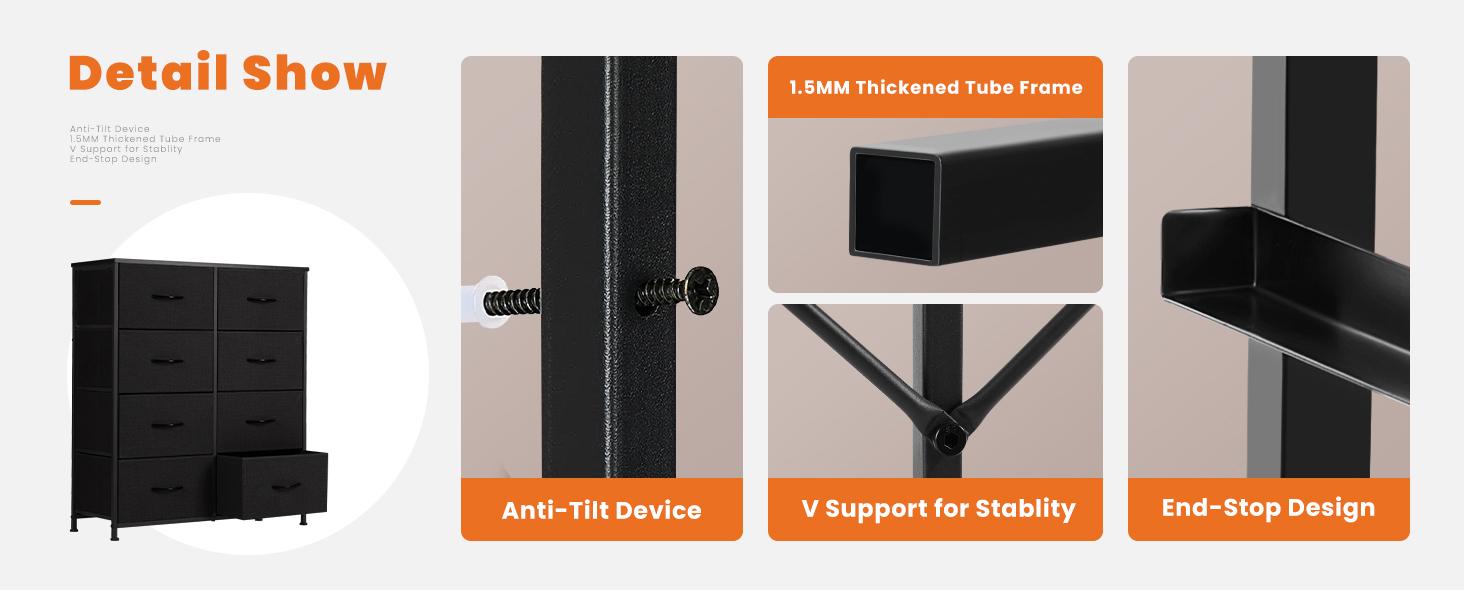 Sweet Furniture Dresser for Bedroom Organizer Storage Drawers with 8 Drawers, Steel Frame, Wood Top, Closet & Entryway