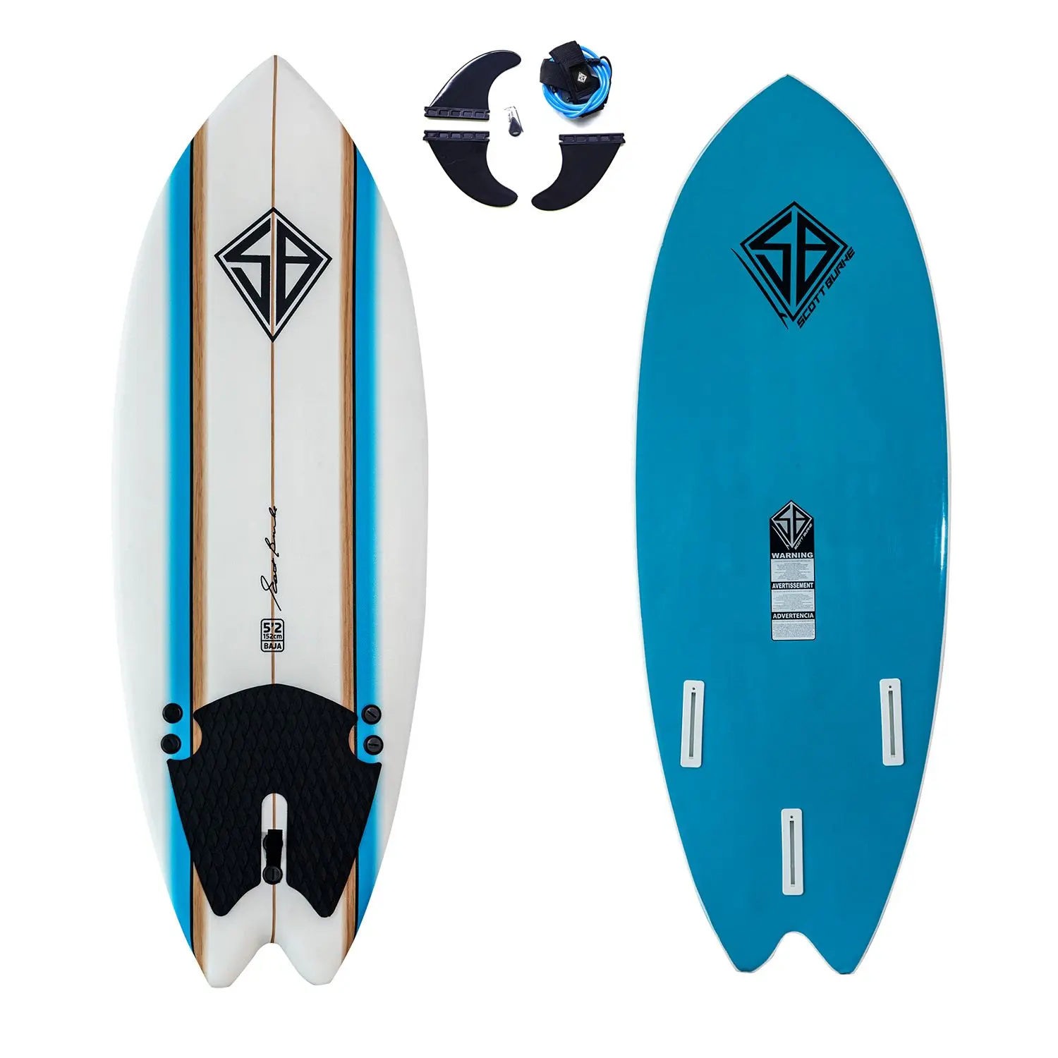 Scott Burke Soft-Top Fish Surfboard - 5ft-2in x 22 in, 6 lb, EPS Foam, Sturdy Rails, Fish Tail, Tri-Fin System, Traction Pad, Leash, Lightweight Unisex Surfboard for Surfing, Watersports, Easy Carry