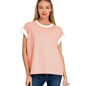 Women's Coastal Vibe Zenana Striped Cap-Sleeve Tee, Short-Sleeve Blouse *Final Sale*, Shortsleeve