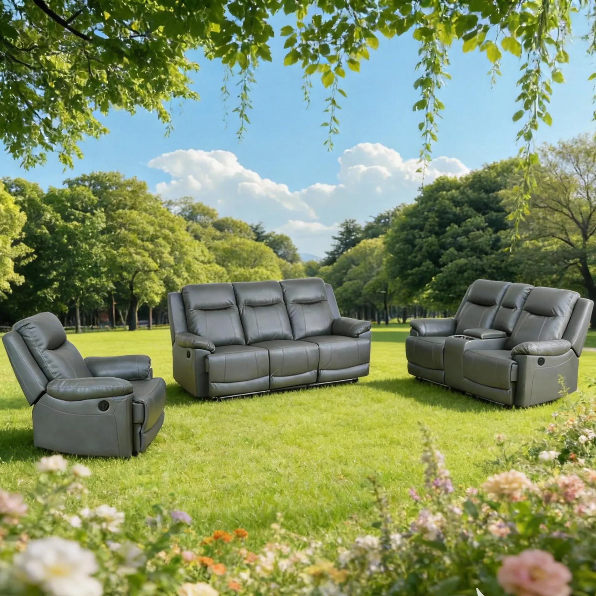 Ainehome Deep Gray Breathing Leather 3-Piece Modern Living Room Recliner Sofa Set - Recliner Loveseat, Comfortable Seating, Stylish Furniture Design