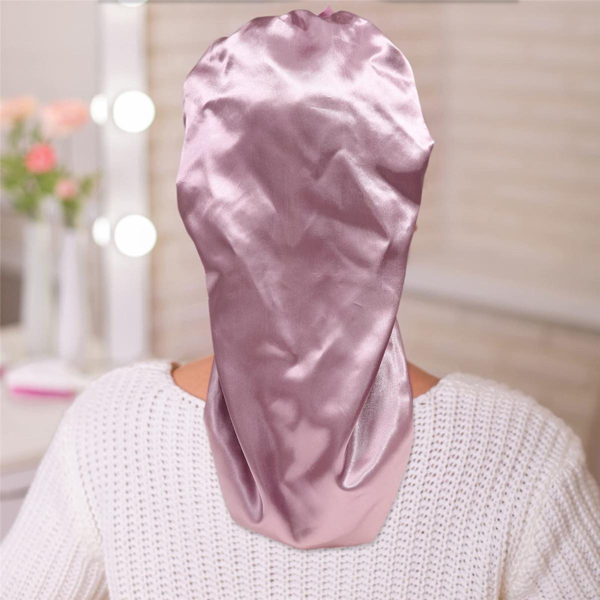 Long Double Layer Satin Bonnet for Women Elastic Silk Like Texture Bonnet for Braids Curly Hair Sleeping Sleep Cap Hair Bonnets Nightcap with Tie Band