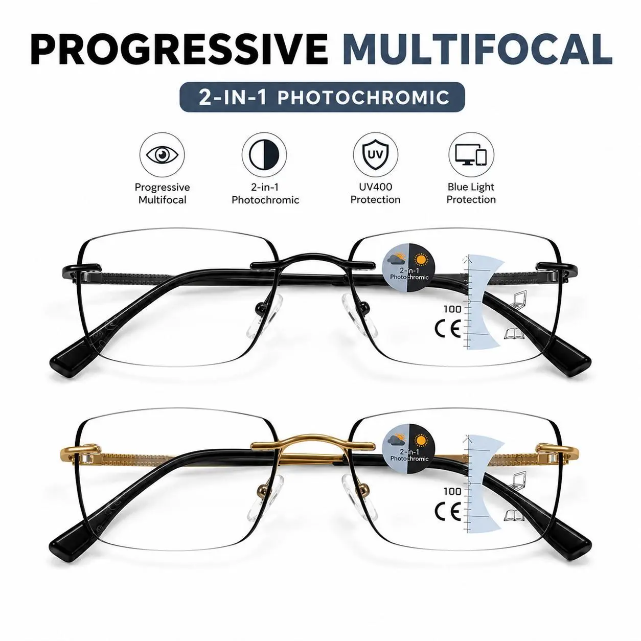 ViewSelect Photochromic Progressive Multifocal Reading Glasses, Blue Light Blocking Eyeglasses with UV Protection, Light Adaptive Smart Readers for Near Mid & Far Vision, Unisex