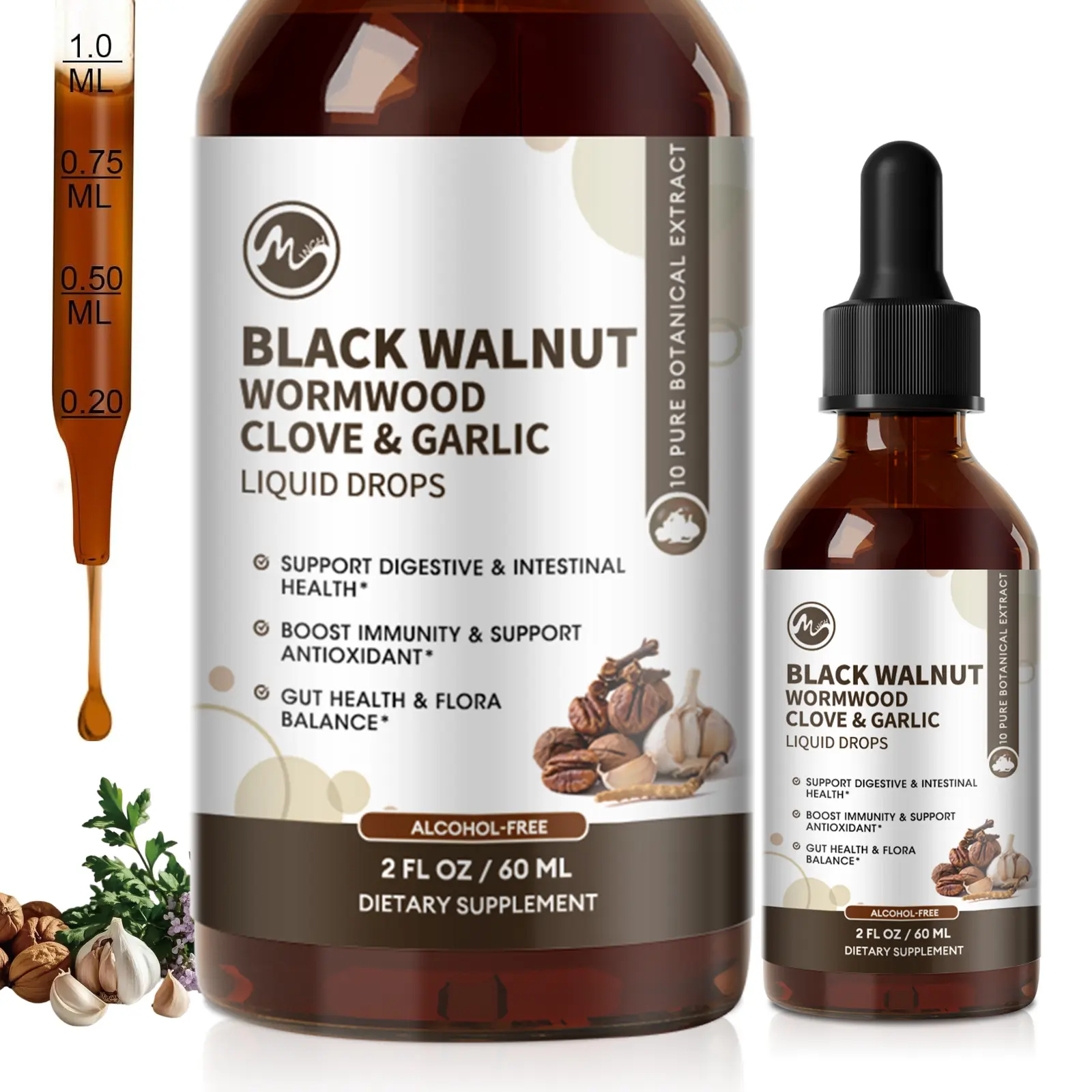 M inch Black Walnut & Wormwood Liquid Extract Drops, Clove Botanical Tincture Complex Daily Herbal Dietary Supplement, 2 Fl Oz