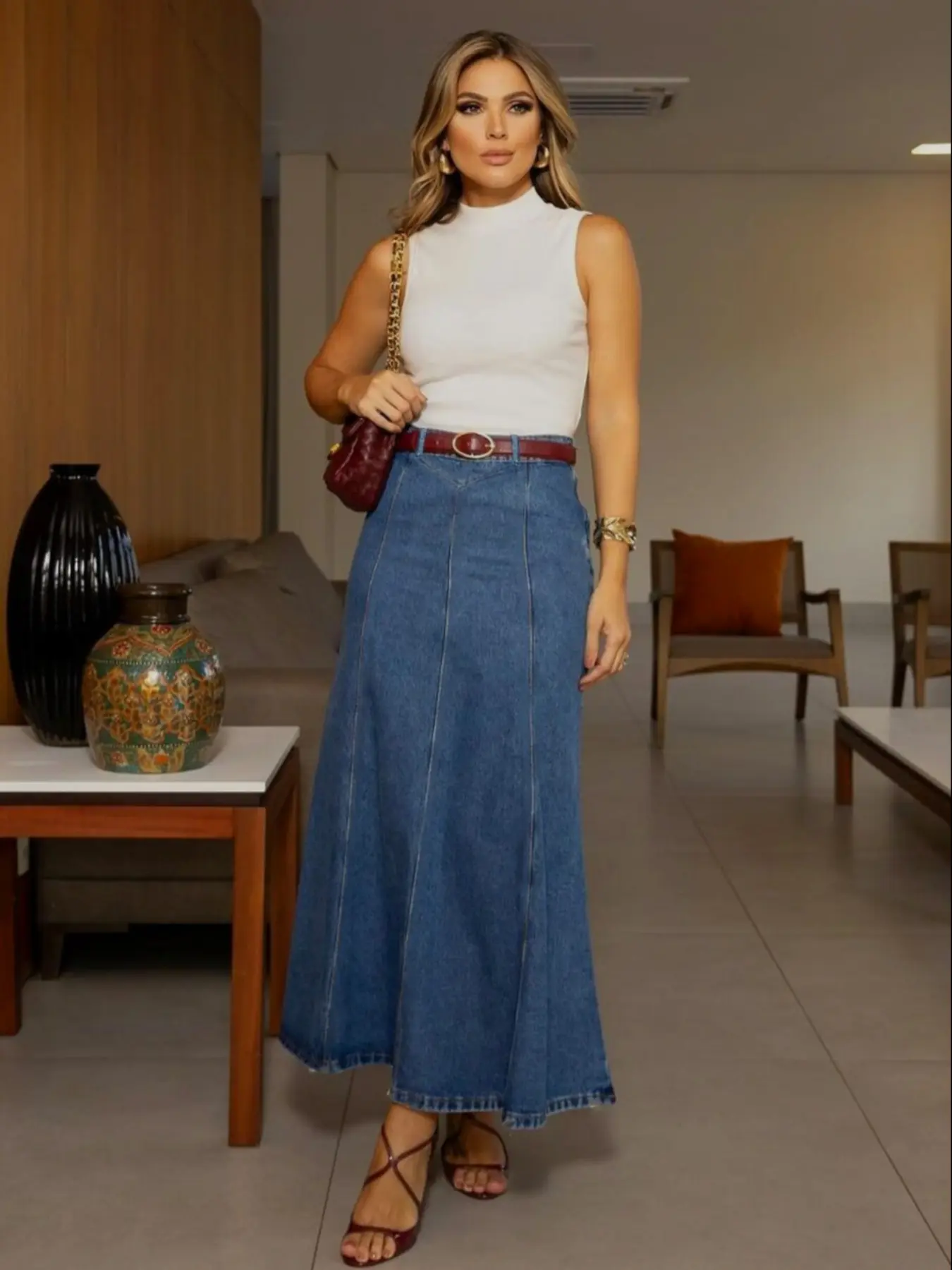 Casual Stretchy Elastic Washed Flared Denim Skirt, Loose-Fitting Plain Skirt, Women's Summer Wear for Daily Wear & Date Bottoms, Minimalist
