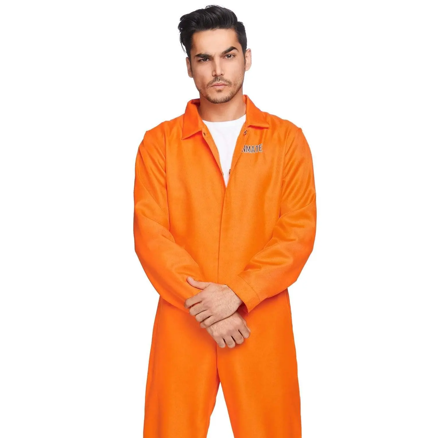 Men's Orange Jailbird Prison Jumpsuit Costume, Button Front Clothes for Trick or Treat Parties, Fun Costume Ideas, Halloween, Shirt, Casual, Menswear, White, Polyester, Prisoner Costume