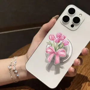 Cute Pink Tulip Bow MagSafe Phone Grip – Magnetic Pop Socket & Kickstand – Floral Phone Accessory