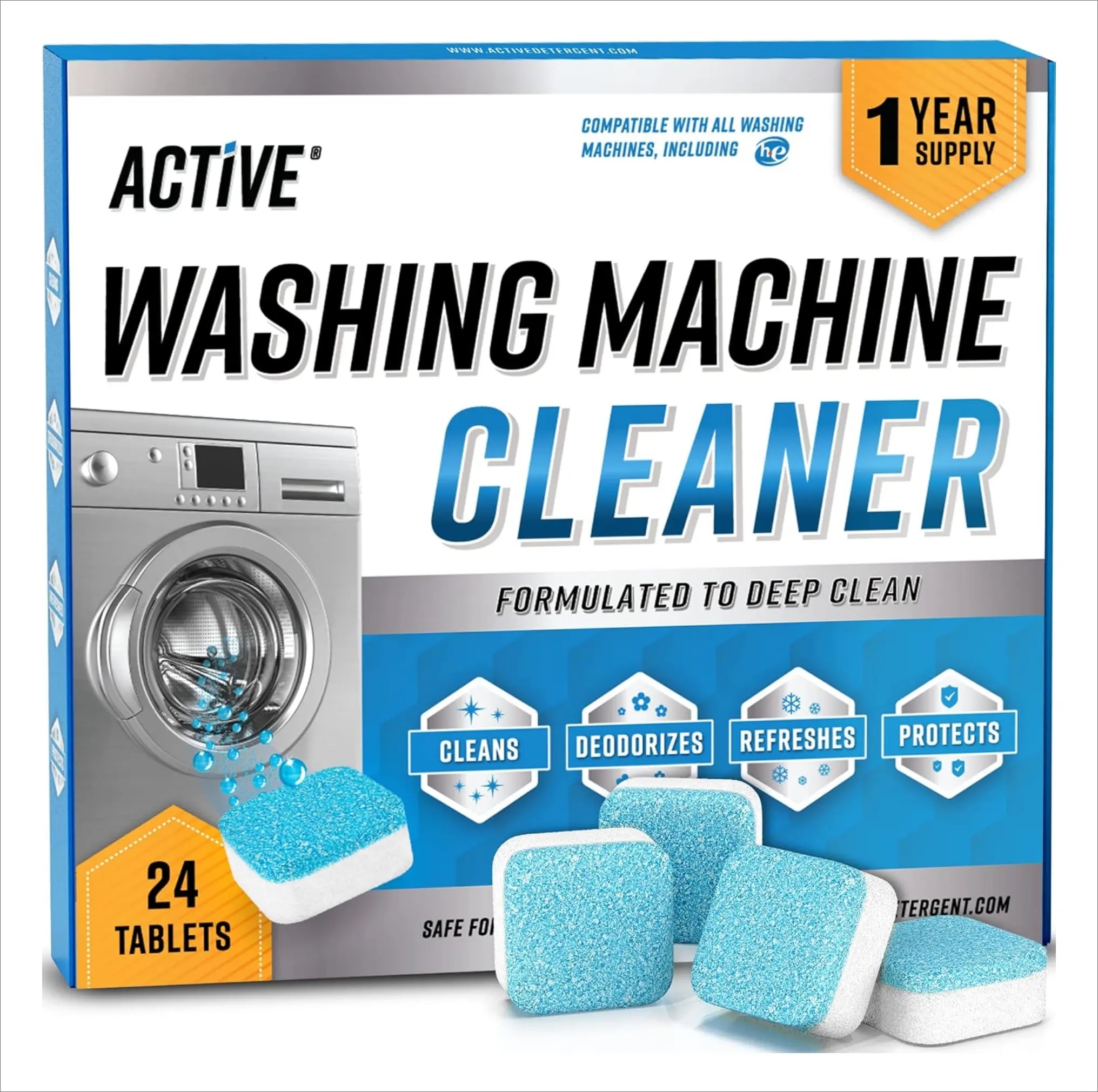 ACTIVE Washing Machine Cleaner Descaler 24 Pack - Deep Cleaning Tablets For HE Front Loader  Top Load Washer Deodorizer, Inside Drum And Laundry Seal