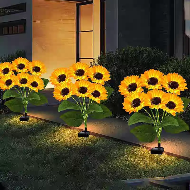 Solar Outdoor LED Flower Bouquets - 2/4/8-Piece 6-Head Lifelike Sunflowers, Natural & Decorative Artificial Flowers, Automatic Induction, Waterproof Energy-Saving Garden Decor, Ideal Wedding Gift, Natural Artificial Flowers