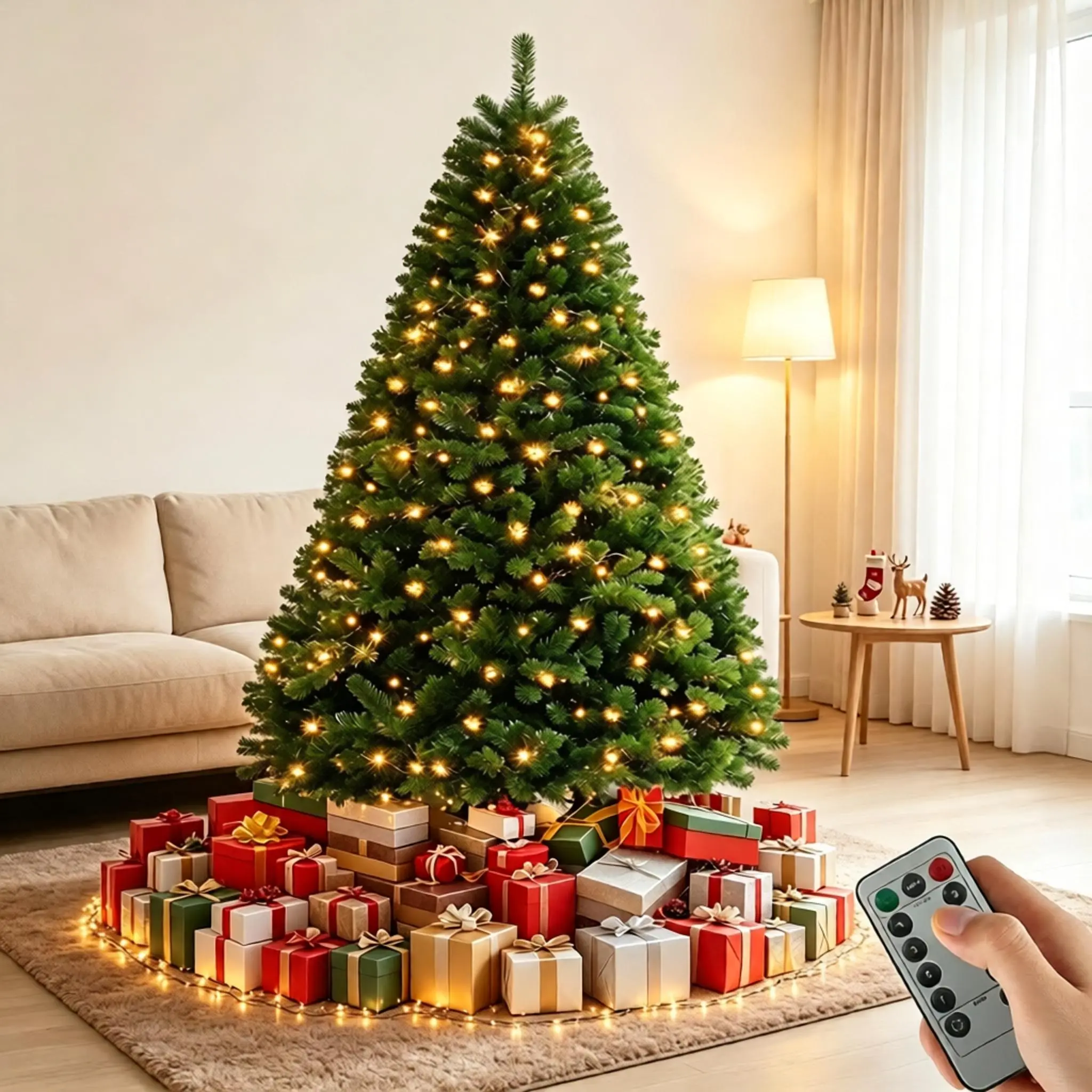 6ft Artificial Christmas Tree - Single Unit with 200 Warm White Plug-In LEDs, Remote & Timer, 900 Branch Tips, Slim Hinged Corner Design, Flame Retardant PVC Foliage, Easy 3-Section Setup, Metal Stand, CR2025 Needed, Home Holiday Decoration