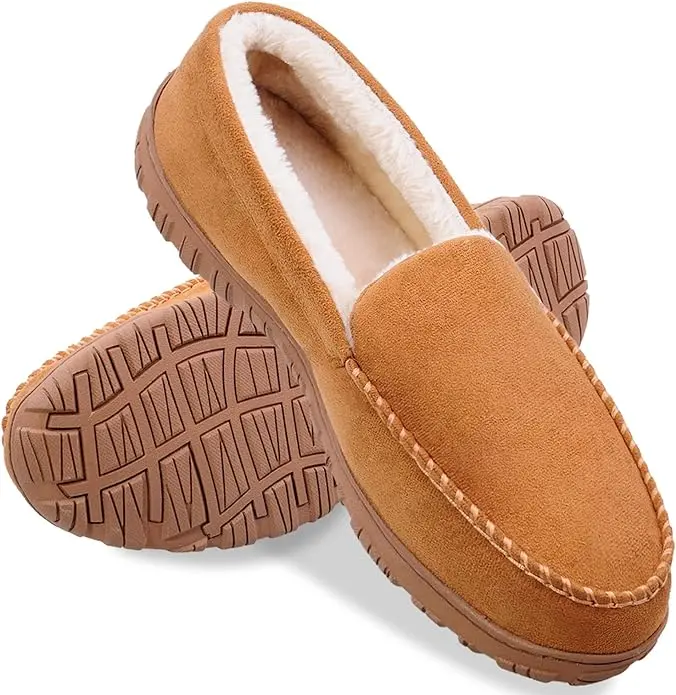 SHOESLOCKER Men's Terry Cloth Ankle Moccasin House Slippers - Beige, Round Toe, Anti-Slip, Memory Foam, Thick Cushioned, Warm Cotton Knit, Breathable Slip-On Plain Flats, Indoor-Outdoor Men's Shoes