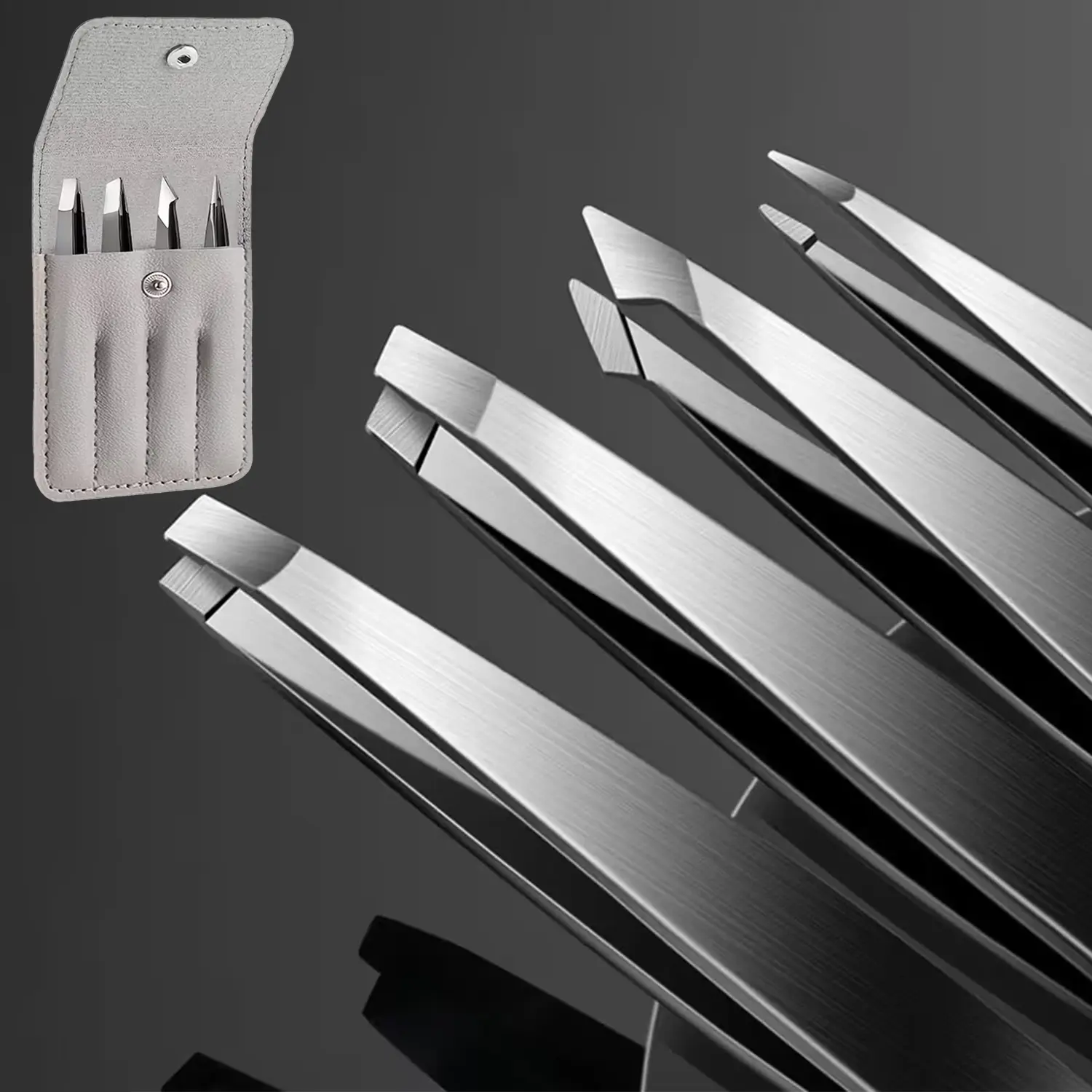 4Pcs eyebrow tweezers set - professional stainless steel eyebrow tweezers - precise removal of facial hair, thorns, and endogenous hair, daily beauty and hair removal tool, with gray leather travel storage bag, small and exquisite, perfect for gift giving
