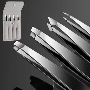 4Pcs eyebrow tweezers set - professional stainless steel eyebrow tweezers - precise removal of facial hair, thorns, and endogenous hair, daily beauty and hair removal tool, with gray leather travel storage bag, small and exquisite, perfect for gift giving