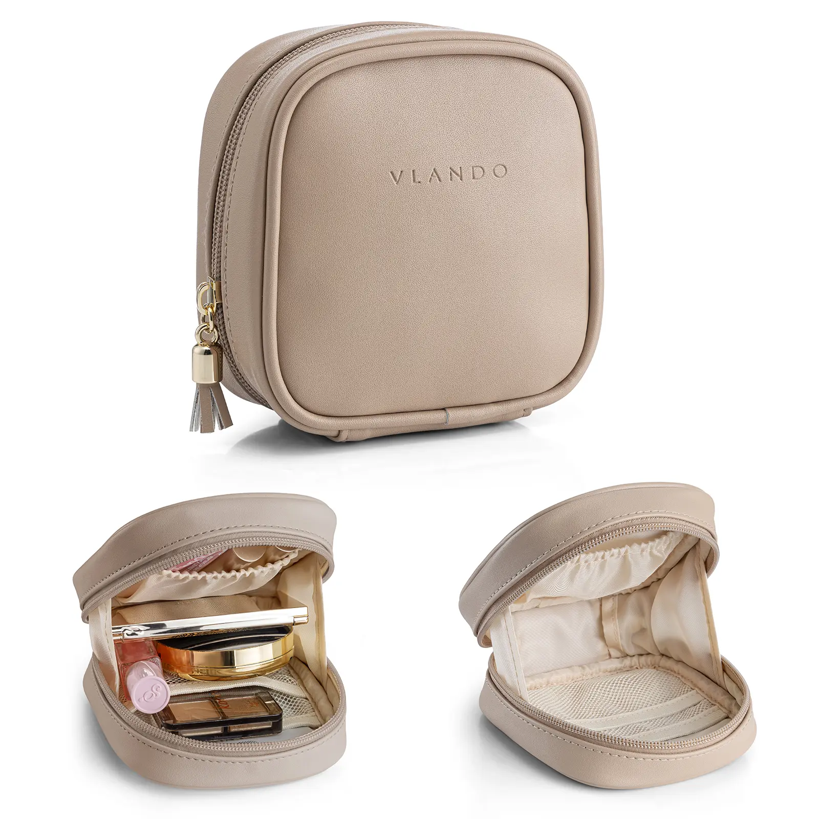 VLANDO Leather Mini Cosmetics Bag - Thick Edges Portable Makeup Pouch, Compact Toffee Beige Travel Cosmetic Bags for Purse Accessories Inside Purse, Home Organizer Storage Solution, Inside Purse Accessories