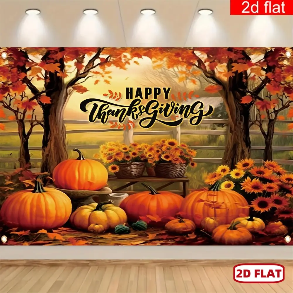 Thanksgiving Decorations 1-Piece 2D Flat Banner, Synthetic Polyester Digital Print Wall Decoration with Maple Leaf, Artificial Pumpkin, Sunflower Designs, Easy Hanging Durable Festive Backdrops for Autumn Home Party Supplies