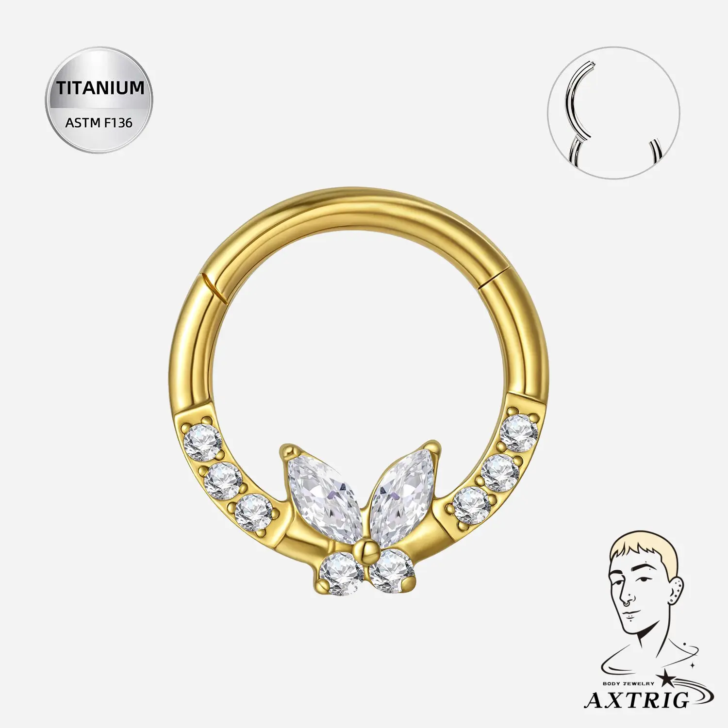 Unisex 8mm Septum Ring - 16G (1.2mm) Implant Grade Titanium Hinged Split Hoop with Cubic Zirconia for Daith, Cartilage Piercings