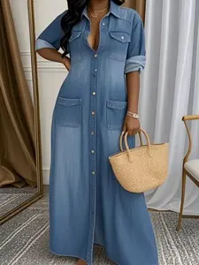 Midiross Ladies' Lapel Wash Water Splicing Pocket Casual Denim Dress