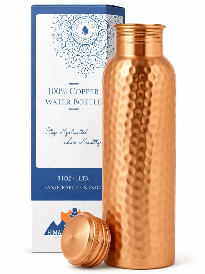 100% Pure Copper Water Bottle - 34 oz Handmade Hammered Traditional Real Copper Leakproof Ayurvedic Wellness Kitchenware Drinkware, Real Copper Water Bottle