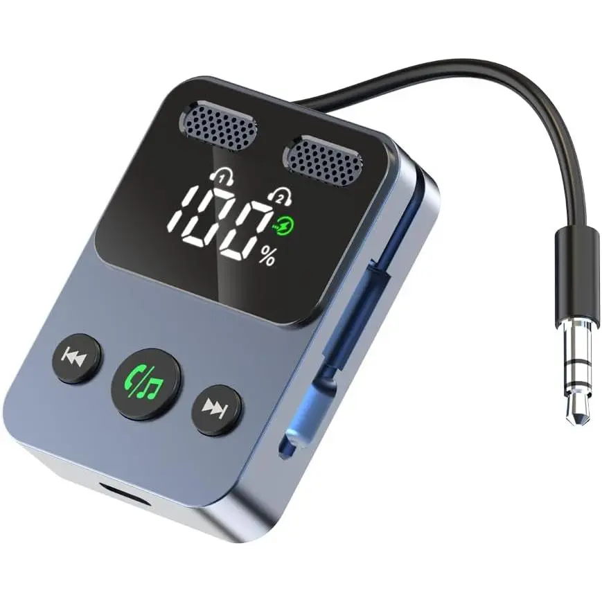 2-in-1 Universal Bluetooth 5.3 Dual Mode Transmitter Receiver, 13 Hours Receiver/17 Hours Transmitter Battery, Battery Monitor, 3.5mm Audio Jack, Dual Pairing for Home Audio, Airplanes, Car Stereo