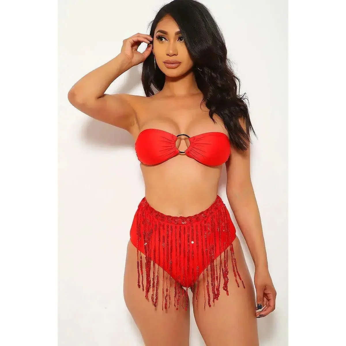 Red Fringe Sequins Bandeau Two Piece Swimsuit