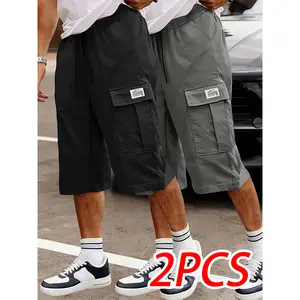 Men’s fashion cargo shorts, 7/8 length, large pockets, comfortable skin-friendly fabric, loose fit, casual loose shorts
