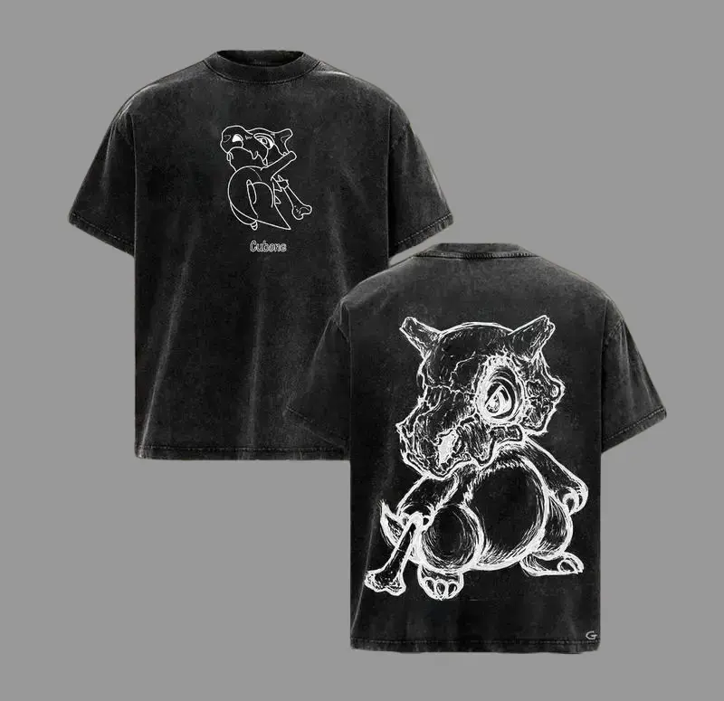 Cubone – PKM Anime Double Printed Vintage Washed Tee Unisex Oversize Anime Manga Washed Heavyweight Cotton T-shirt Crewneck Streetwear Tshirt Menswear Top