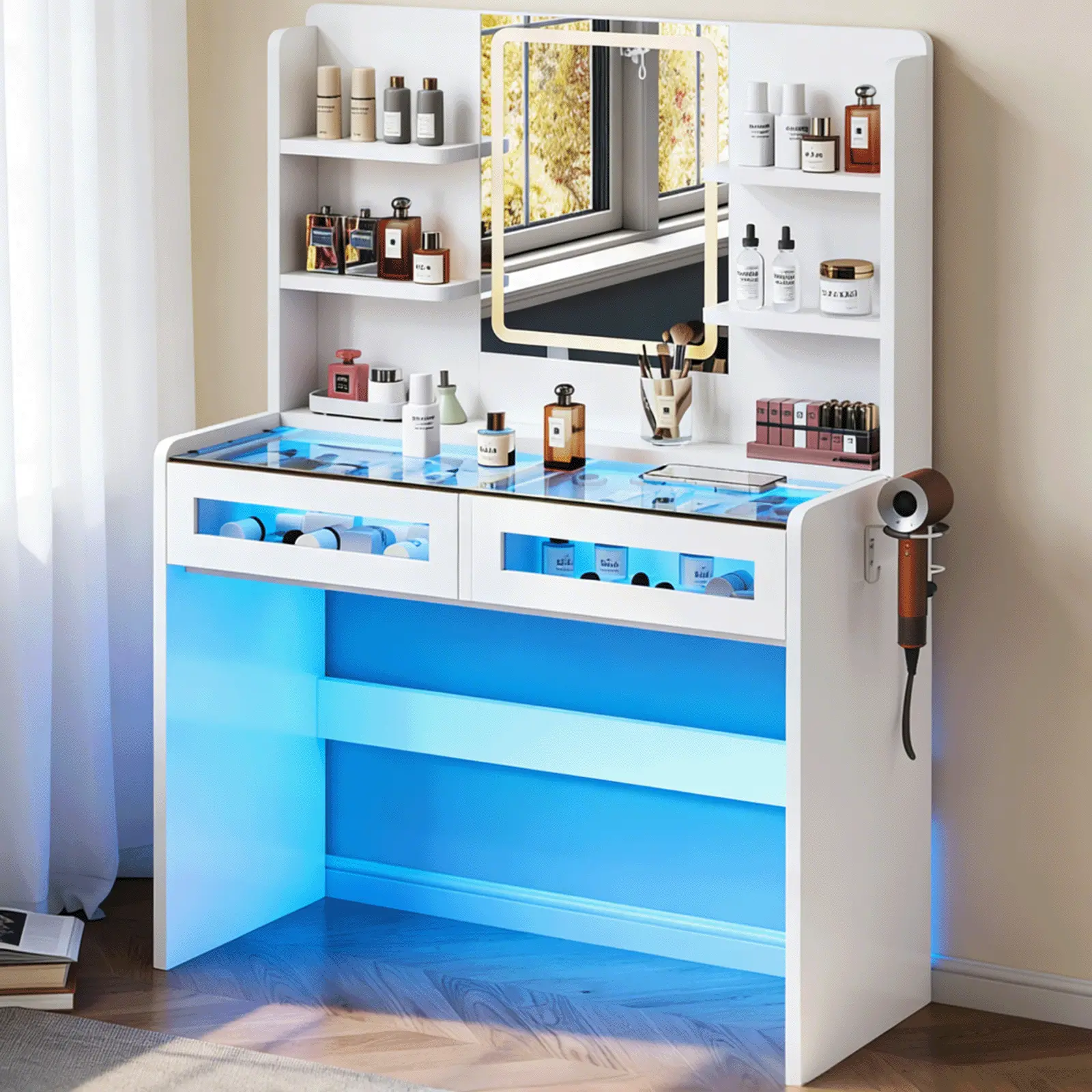 Vanity Desk with LED Lights Mirror & Power Outlet, Transparent Top Vanity with 2 RGB Drawers, 3 Lighting Modes & Adjustable Brightness, Dressing Table for Women Girls Bedroom, White