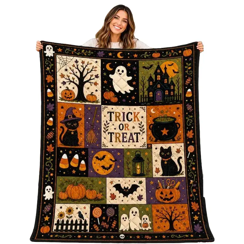 Halloween Quilt Blanket, Black Cat Ghost Bat Pumpkin Throw, Rustic Autumn Patchwork Decor, Spooky Gift, Halloween Gifts Gift Idea Home Party Holiday Decor Christmas and Halloween and Birthday