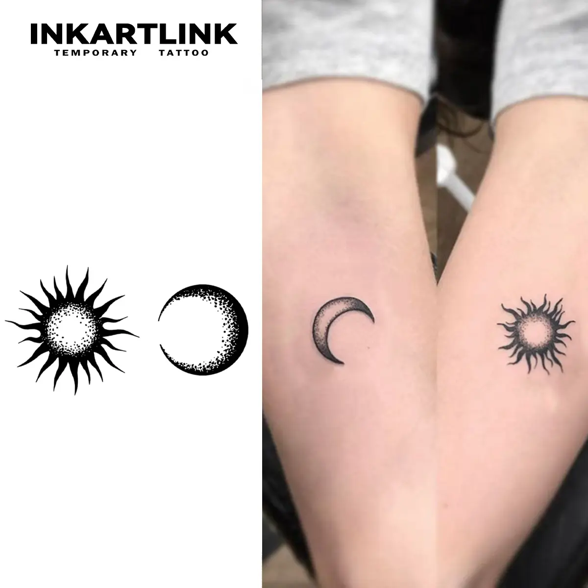 INKARTLINK Minimalist Sun and Moon Temporary Tattoos, 2 Sheets of Waterproof Aesthetic Dotwork Stickers, Suitable for Arms & All Skin Types, Arm Temporary Tattoos, Ephemeral Tattoos, Realistic Temporary Tattoos