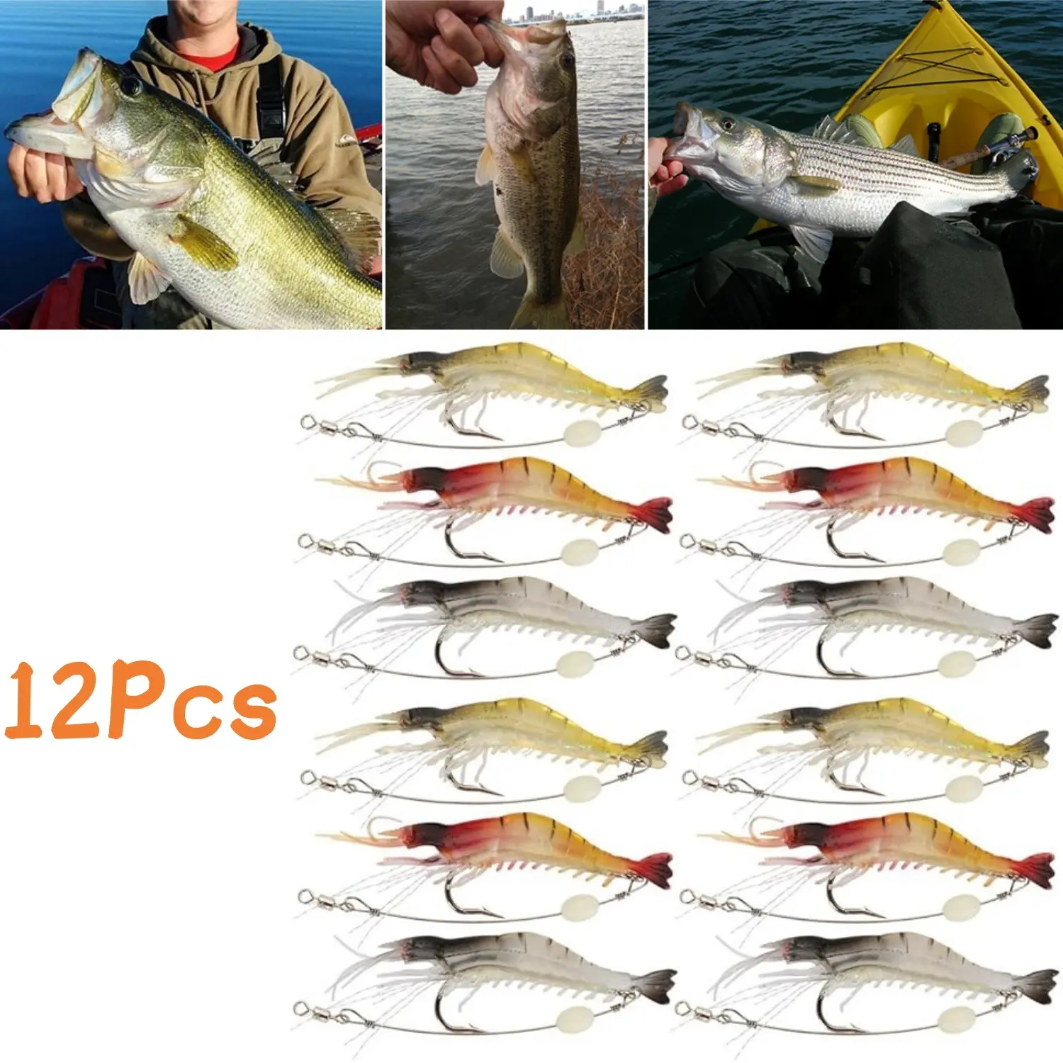 Glow-in-the-Dark Shrimp Artificial Lures, High Quality Plastic Soft Fishing Bait with Sharp Hooks, Easy-to-Use Premium Quality Fishing Supplies for Saltwater & Freshwater Trout, Bass