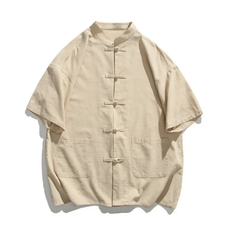 Men’s Chinese Traditional Frog Button Stand Collar Short Sleeve Shirt, Light Linen Textured Loose Oversized Casual Top, Vintage Oriental Style Outerwear with Dual Side Pockets for Summer Daily Travel Street#SummerVibes