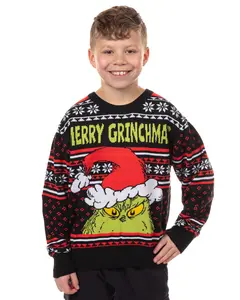 Dr. Seuss The Grinch Ugly Sweater for Christmas Kid's Merry Grinchmas Knit Pullover