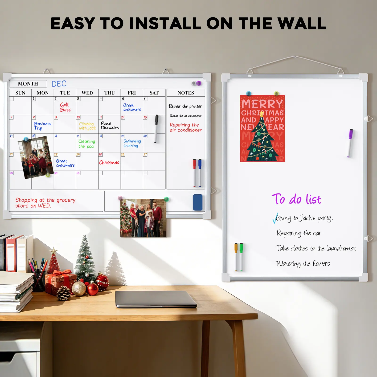 MaxGear Large Magnetic Whiteboard 36 x 24 Inch, Double-Sided with Monthly Calendar, Scratch-Resistant Surface for Vertical Wall Mount, Includes Markers & Accessories, Magnetic Hooks, Hanging Hooks