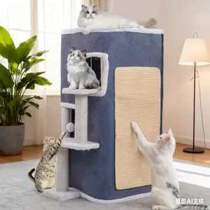 3-Tier Wooden Cat House, Indoor Cat Cave Bed Playhouse, CatTunnels with Scratch Pad and Hideaway Cube, Cute ModernCat Condo Furniture for Multi Small Cats, Extended