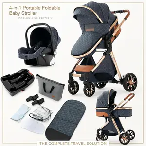 4-in-1 Baby Stroller Travel System with Car Seat and Bassinet Mode, Portable Foldable Lightweight Stroller with Adjustable Canopy and Safety Seatbelt, Smooth Wheels Mom Favorite for Outdoor Walks Travel Shopping, Luxury Multifunction Baby Gear for Parents