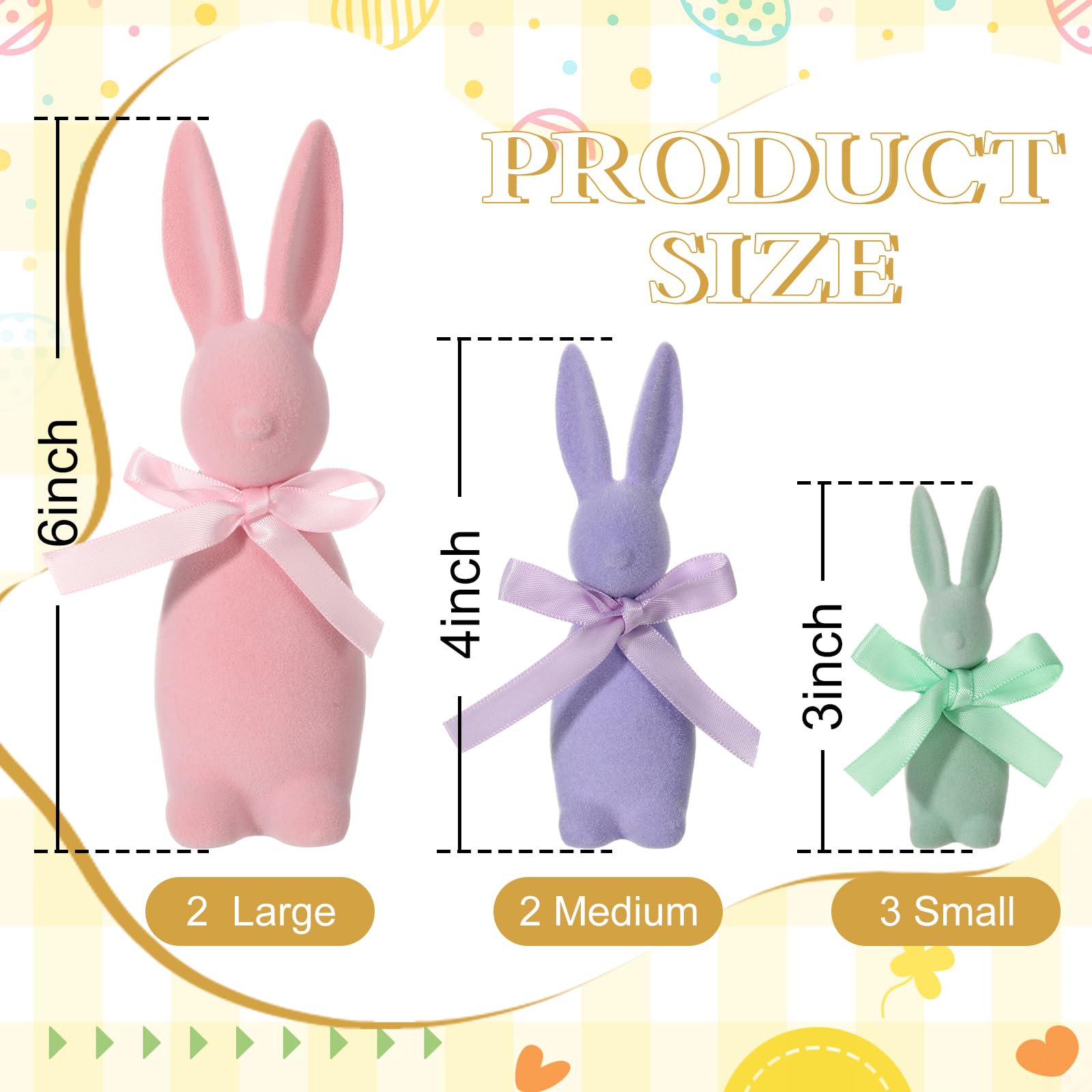 Pastel Flocked Easter Bunny Figurines - 7/6/4 Pcs Cute Velvet Rabbit Statues Set with Bow Ties, Adorable Easter Decor 2026 Bunny in Multiple Sizes & Poses for Tiered Tray Decor Spring Table Centerpiece Shelf Mantel Display Home Party Gifts Basket Stuffers