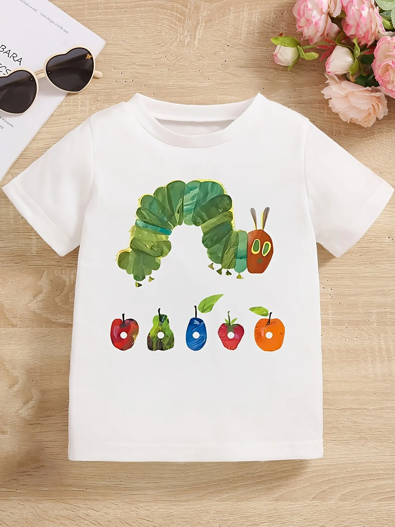 Kids' White Fashion T-Shirt with Caterpillar & Fruit Graphic Print, Cotton Short-Sleeve Scoop Neck for Casual Wear, Fun Shirt, Daily Tee, Graphic Printed Tees, Funny, Playful, Comfortable, Toddlers